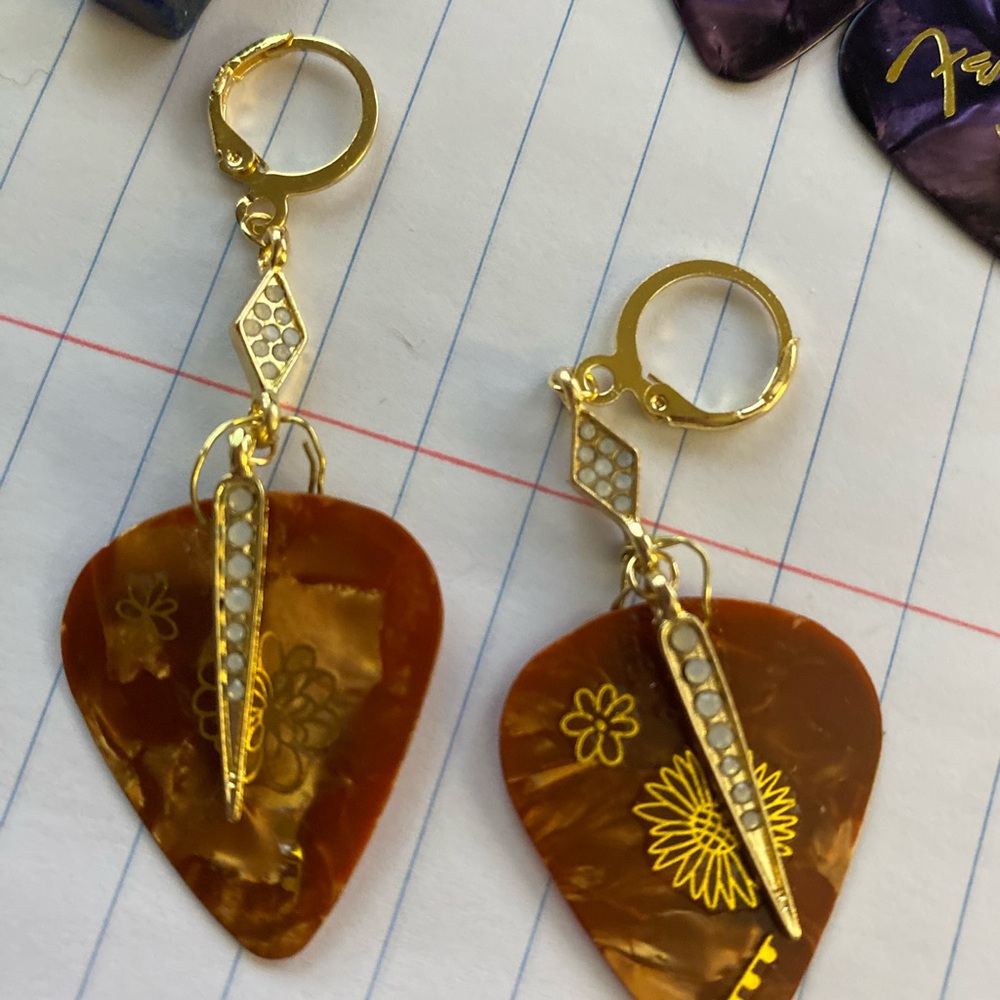 Gold and Brown design love Guitar Pick Earrings by self . Moon love